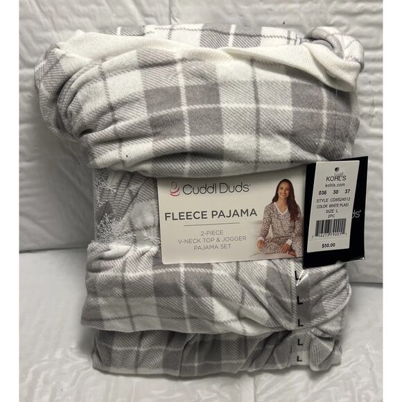 Cuddl Duds Velour Pajama Lounge Set Top & Pants Soft White Gray Plaid Pockets L - Picture 3 of 6